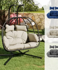 RIWENGO Double Hanging Egg Chair with Cushion, 700lbs Capacity - Foldable Patio Chair with Handwoven PE Wicker & Rust-Proof Frame, for Garden, Porch, Backyard Soft Lounge Swing summerwins